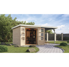 Gartenszene mit Gerätehaus und Carport im Aussenbereich, inklusive Werkzeugregal