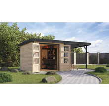 Gartenhaus Karibu Metalwood 3,5A Blech anthrazit inkl. Anbaudach 2,35 m 486,5 x 266,5 cm natur