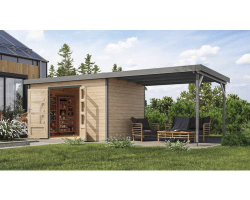 Gartenhaus Karibu Metalwood 2 7A Blech graualu inkl. Anbaudach 3 m 692,5 x 273 cm natur