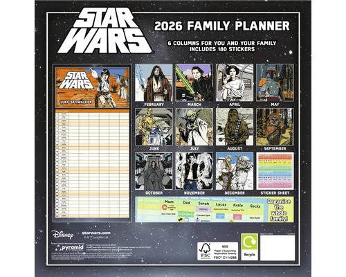 Agenda familiale Star Wars 2026 avec six colonnes et 180 autocollants