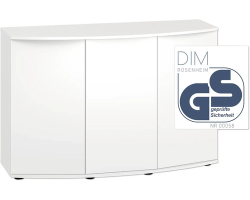 Meuble d''aquarium blanc avec trois portes et sigle GS DIM Rosenheim pour sécurité contrôlée