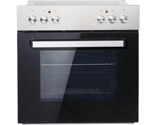 Cuisinière électrique indépendante avec porte de four noire et commandes argentées.