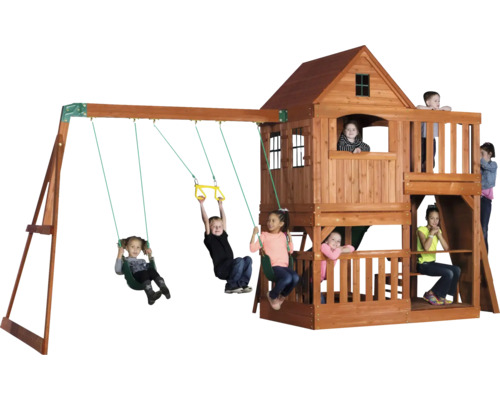Holzspielplatz mit Schaukeln, Klettergerüst und Spielhaus für Kinder