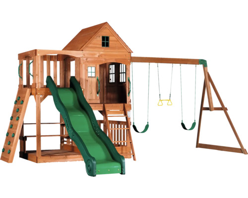 Spielplatz mit Rutsche, Schaukeln und Spielhaus aus Holz