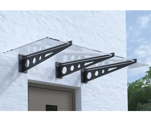 Auvent en appentis Metz verre de sécurité feuilleté 200x105 cm anthracite Trois auvents avec panneaux transparents et supports foncés au-dessus d''une porte