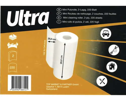 Rouleau de nettoyage ultra mini 2 couches, 220 feuilles