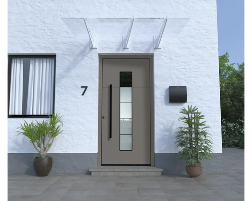 Hauseingang mit Haustür, Briefkasten, Vordach und Topfpflanzen vor weisser Fassade