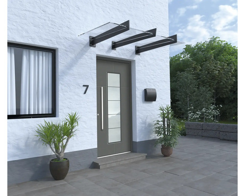 Entrée d''une maison avec porte d''entrée, auvent et plantes