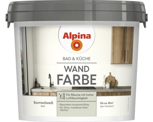 Seau de peinture murale Alpina Bain et Cuisine blanc coton mat pour environ 20 mètres carrés