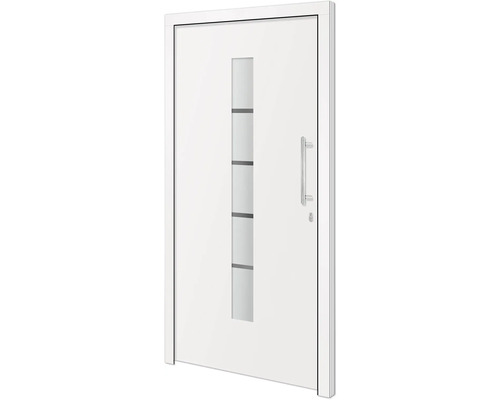 Porte d''entrée blanche avec insert en verre et poignée en acier inoxydable