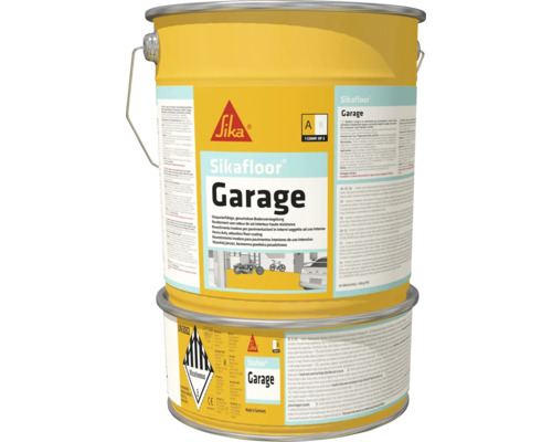 Sikafloor Garage Epoxidharz Bodenbeschichtung grau 6 kg Sikafloor Garagen Bodenversiegelung in einem gelben Metalleimer