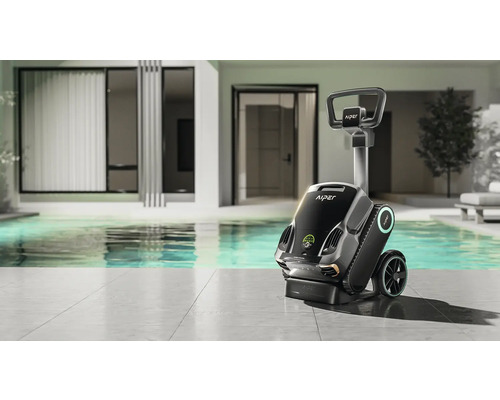 Aiper Logo auf einem Poolreinigungsroboter neben einem Schwimmbad