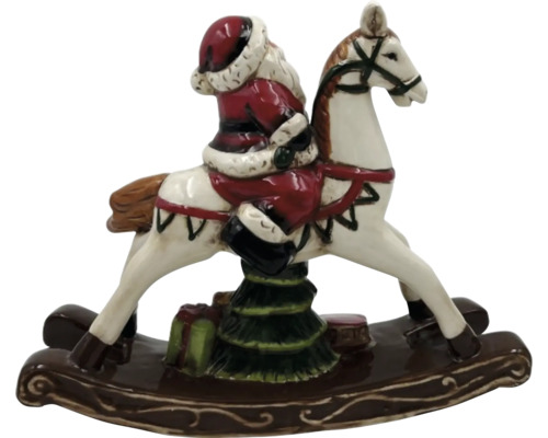 Décoration de Noël : le Père Noël sur un cheval à bascule avec un arbre de Noël et des cadeaux.