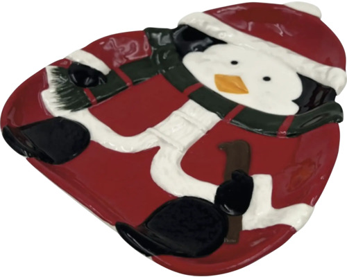 Plat de service décoratif avec motif pingouin pour les occasions festives.