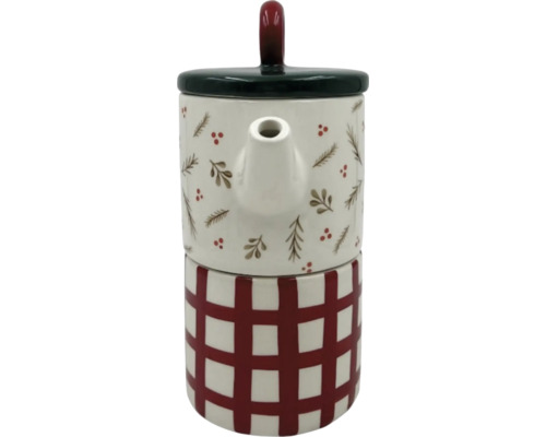 Teekanne aus Keramik mit kariertem Muster und weihnachtlichen Motiven