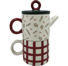 Théière avec tasse, motif à carreaux et motifs floraux