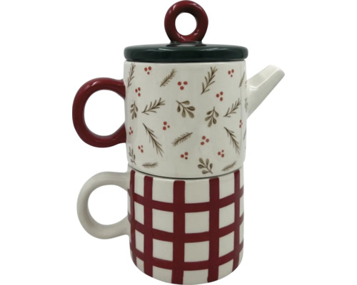 Théière avec tasse, motif à carreaux et motifs floraux