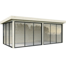 Modernes Gartenhaus mit Glasfront und Flachdach.