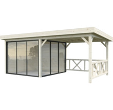 Pavillon en bois avec parois en verre et espace ouvert