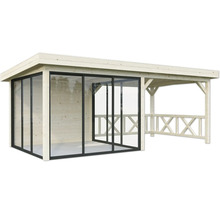 Pavillon en bois avec portes coulissantes en verre et extension latérale