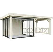 Maison de jardin en bois avec portes coulissantes en verre et espace couvert