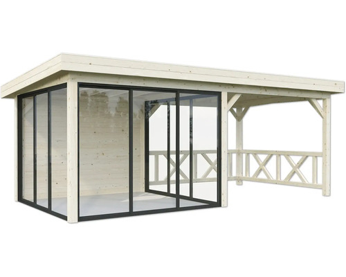 Maison de jardin en bois avec portes coulissantes en verre et espace couvert