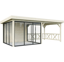 Holz Gartenhaus mit Glasschiebetüren und überdachter Terrasse