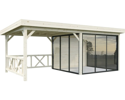 Holzpavillon mit Glaschiebewänden für den Aussenbereich