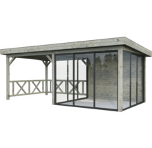 Holzpavillon mit Glasschiebetüren und Geländer