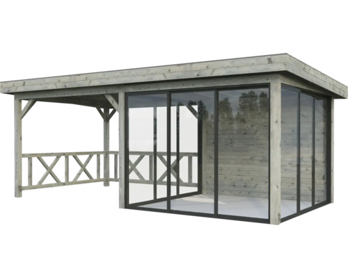 Holzpavillon mit Glasschiebetüren und Geländer