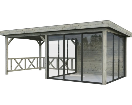 Pavillon Palmako Lenna Slide Plus 16,6 m² Set 704 588 x 300 cm tauchimprägniert grau Holz Gartenpavillon mit Glasschiebetüren