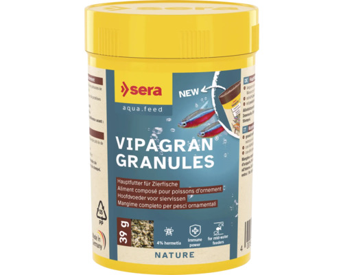 Granulatfutter sera Vipagran Granules 100 ml (39 g), Hauptfutter Sera Vipagran Granules Hauptfutter für Zierfische in gelber Dose