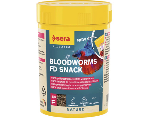 Fischfutter sera Bloodworms FD Snack 100 ml (11 g), Rote Mückenlarven Sera Bloodworms FD Snack, gefriergetrocknete rote Mückenlarven für Fische
