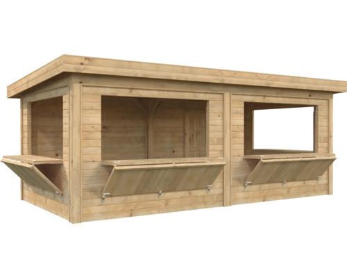 Stand de vente en bois avec volets ouverts