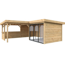 Abri de jardin en bois avec annexe et portes coulissantes