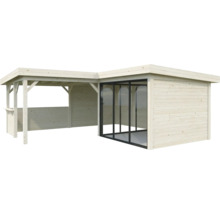 Maison de jardin en bois avec façade en verre et espace ouvert