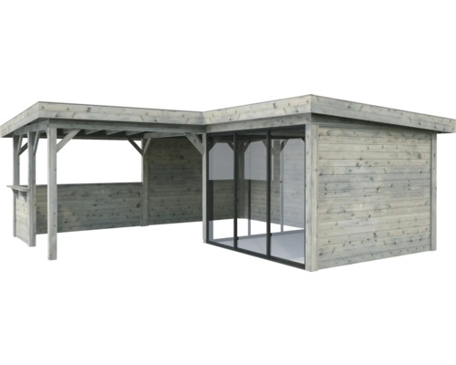 Abri de jardin en bois avec éléments en verre et véranda couverte