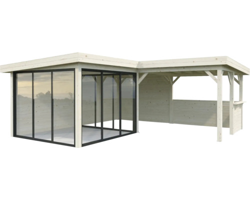 Abri de jardin avec façade en verre et annexe ouverte en bois