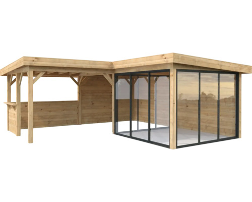 Pavillon en bois avec parois en verre et espace ouvert