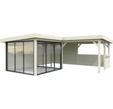 Maison de jardin en bois avec façade en verre et annexe