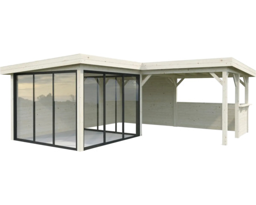 Maison de jardin en bois avec façade en verre et annexe