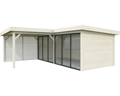 Abri de jardin en bois avec portes coulissantes et auvent