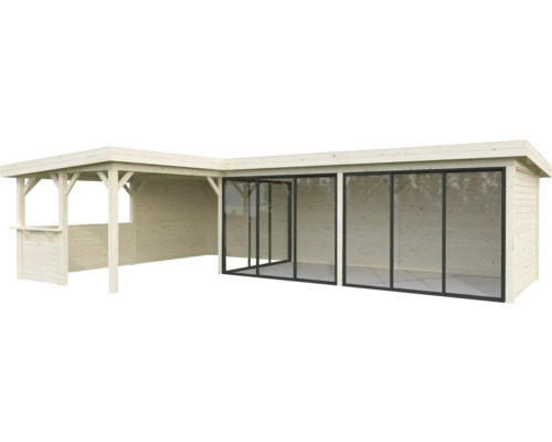 Abri de jardin en bois avec portes coulissantes en verre et toit