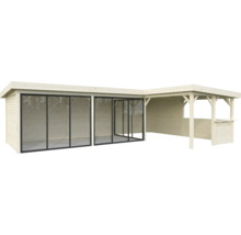 Abri de jardin en bois avec portes coulissantes et extension