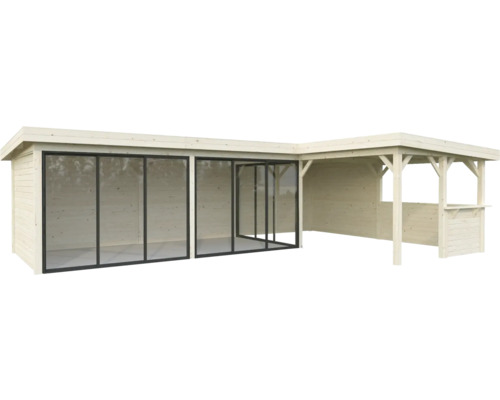 Abri de jardin en bois avec portes coulissantes et extension