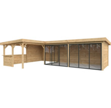 Pavillon de jardin en bois avec portes coulissantes en verre et comptoir de bar