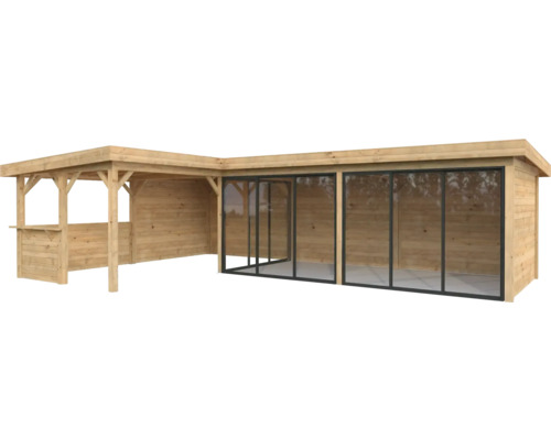 Pavillon de jardin en bois avec portes coulissantes en verre et comptoir de bar