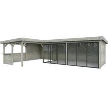 Abri de jardin en bois avec terrasse couverte et portes coulissantes