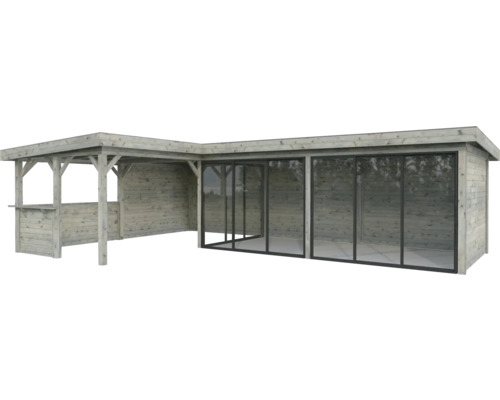 Abri de jardin en bois avec terrasse couverte et portes coulissantes