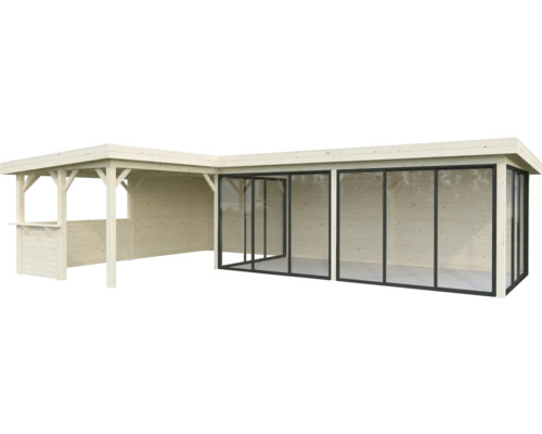 Pavillon de jardin en bois avec fenêtres et partie latérale